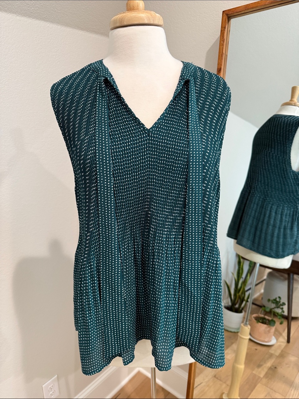 Adrianna Papell Emerald Green Polka Dot Pleated Blouse